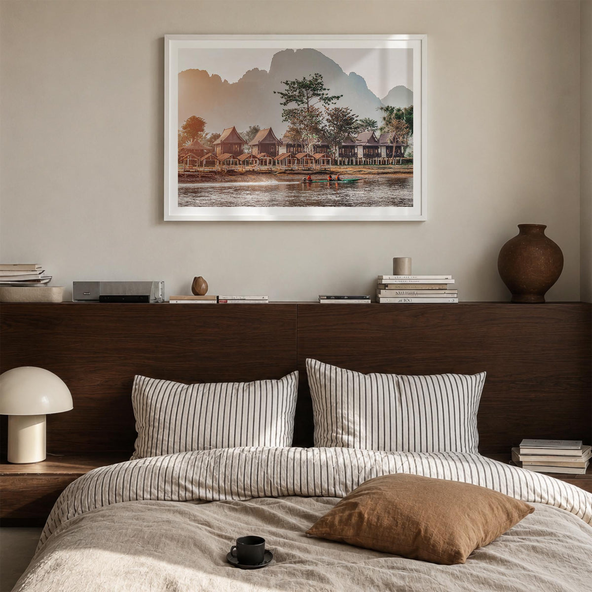 Laos colorful photo poster of Asia – horizontal wall art in white wood frame with white border, hanging on wall