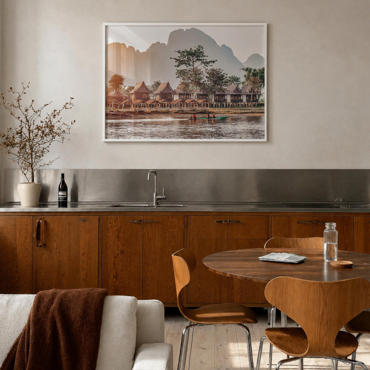 Laos colorful photo poster of Asia – horizontal wall art in white wood frame, hanging on wall