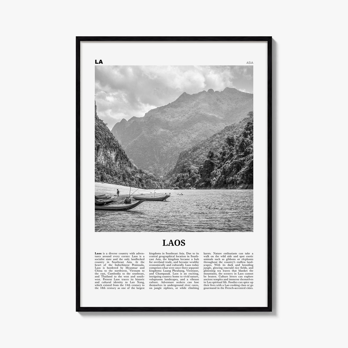 Laos no. 1 black & white newspaper poster of Asia – vertical wall art, unframed print shown in interior mockup