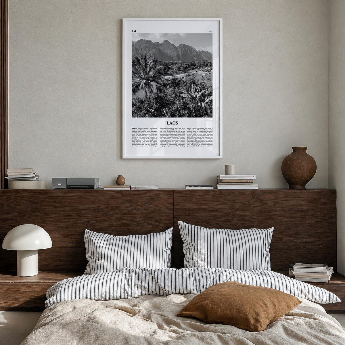 Laos no. 2 black & white newspaper poster of Asia – vertical wall art in white wood frame, hanging on wall