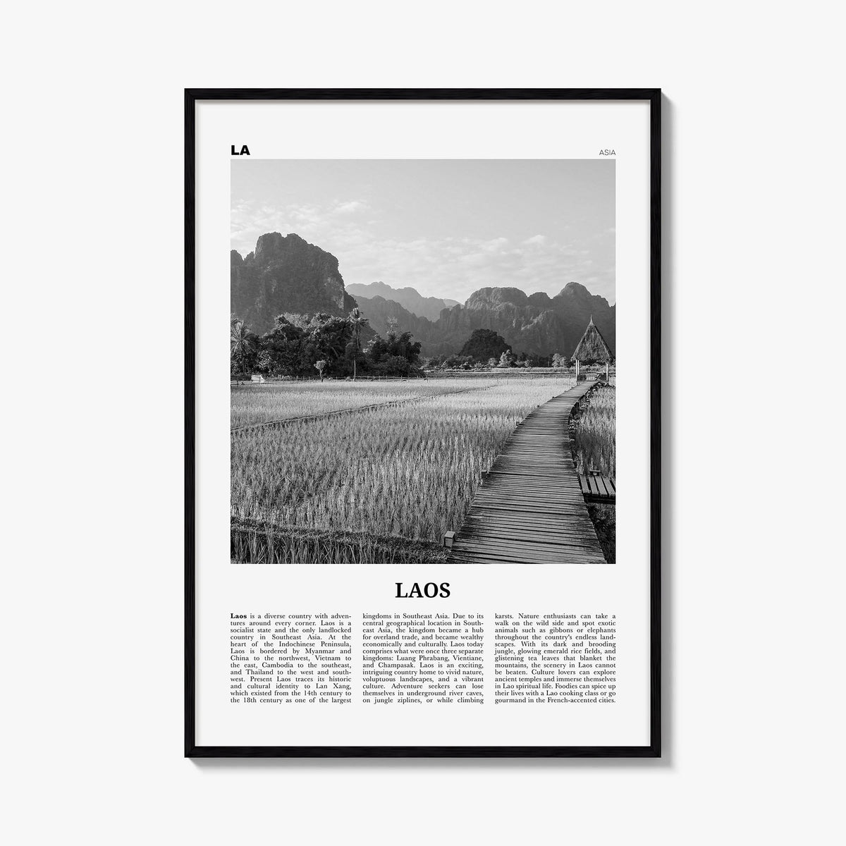 Laos no. 3 black & white newspaper poster of Asia – vertical wall art, unframed print shown in interior mockup