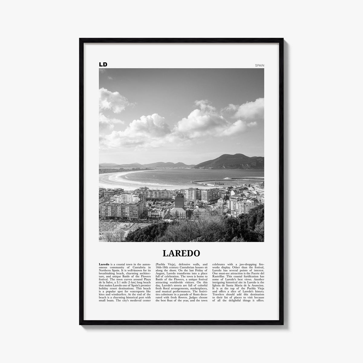 Laredo, Spain black & white newspaper poster of Spain – vertical wall art, unframed print shown in interior mockup