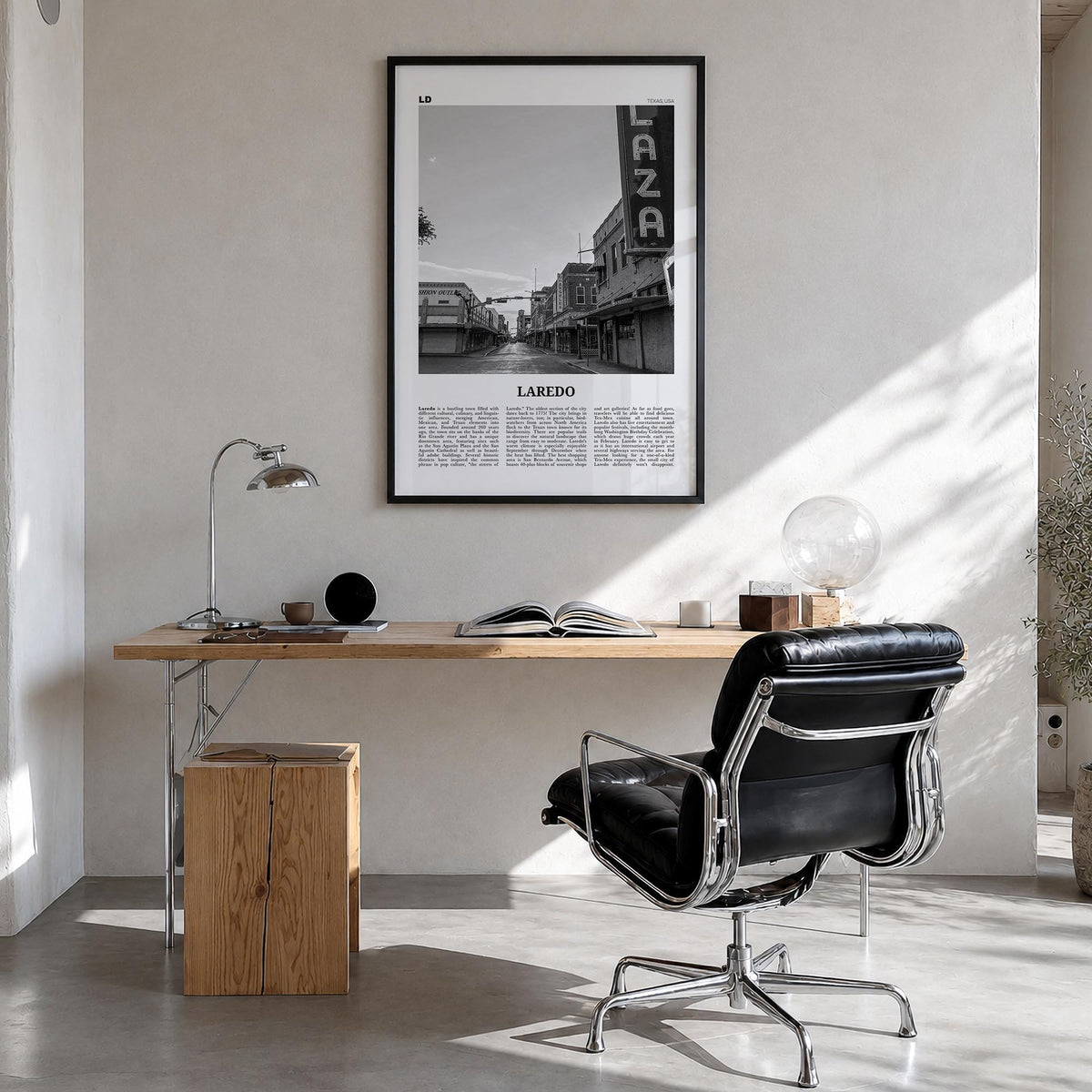 Laredo, Texas black & white newspaper poster of Texas, USA – vertical wall art in black wood frame, hanging on wall