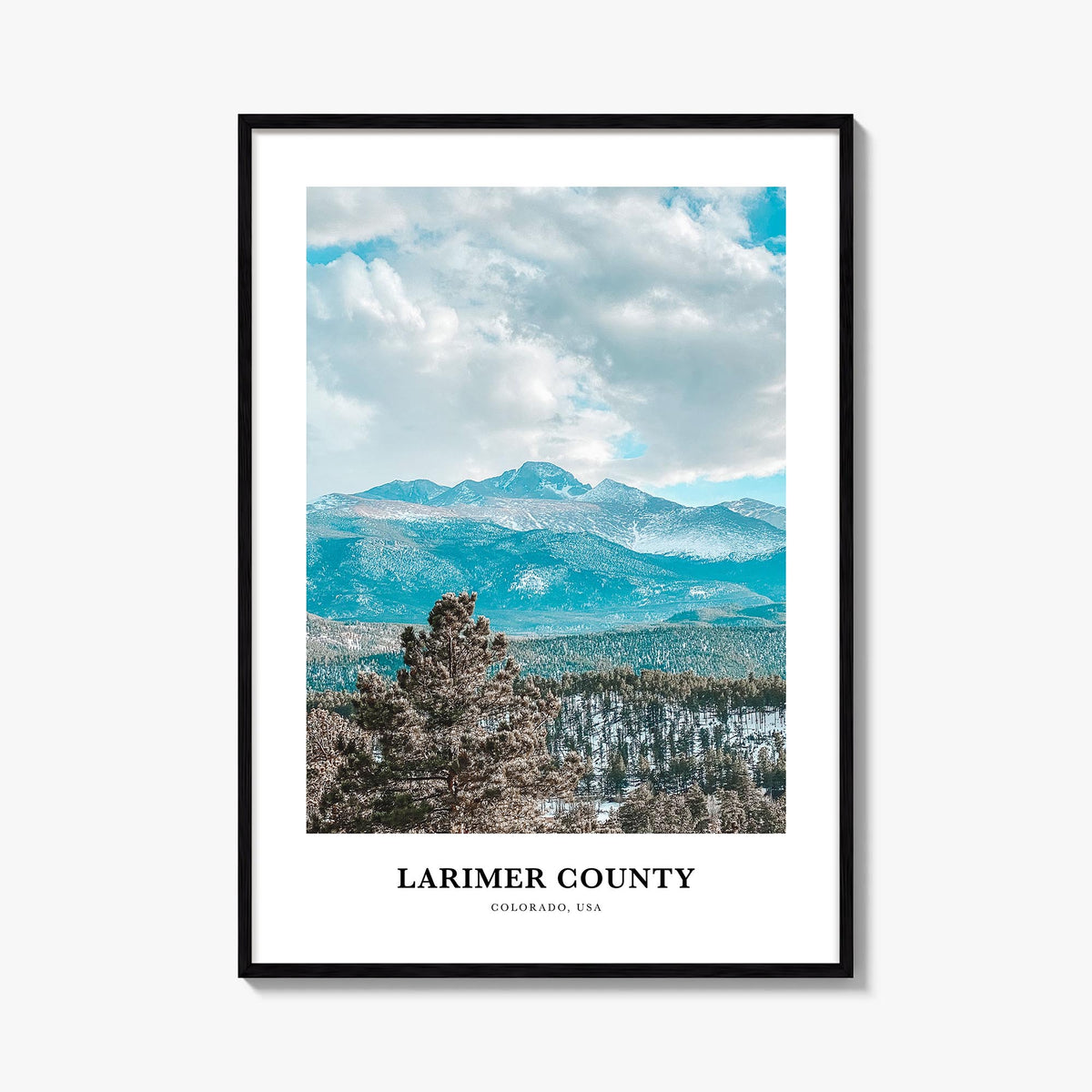 Larimer County colorful classic poster of Colorado, USA – vertical wall art, unframed print shown in interior mockup