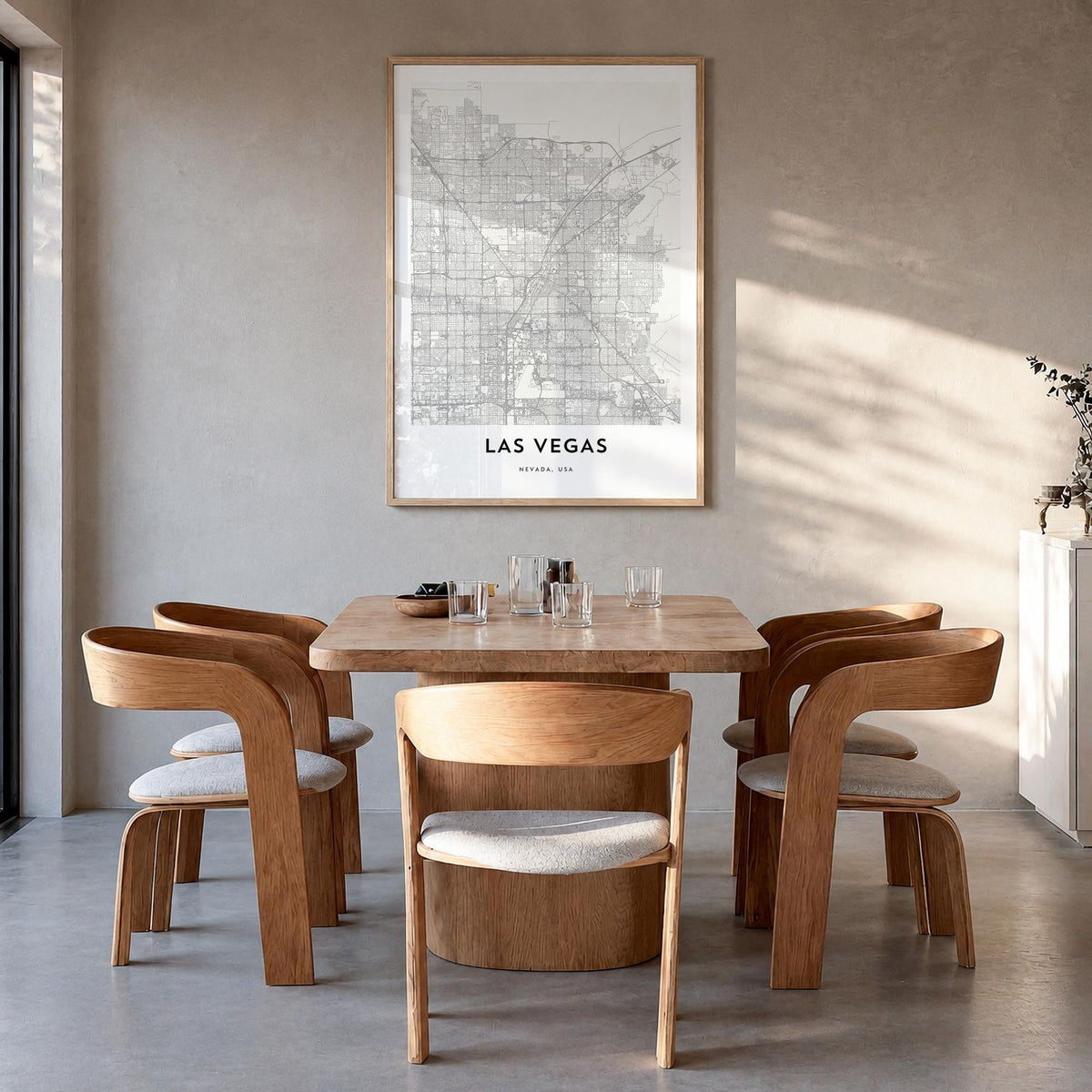 Las Vegas black & white map poster of Nevada, USA – vertical wall art in natural wood frame, hanging on wall