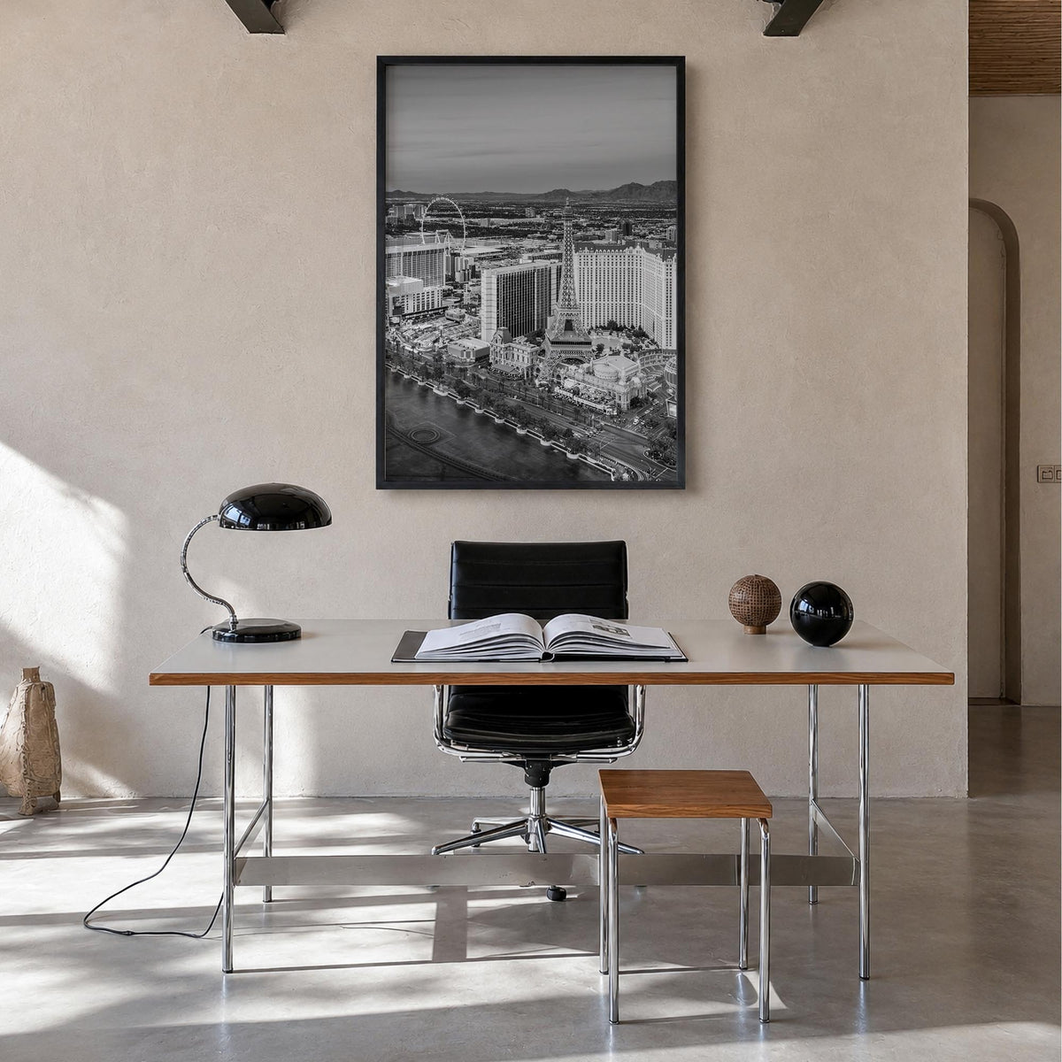 Las Vegas black & white photo poster of Nevada, USA – vertical wall art in black wood frame, hanging on wall