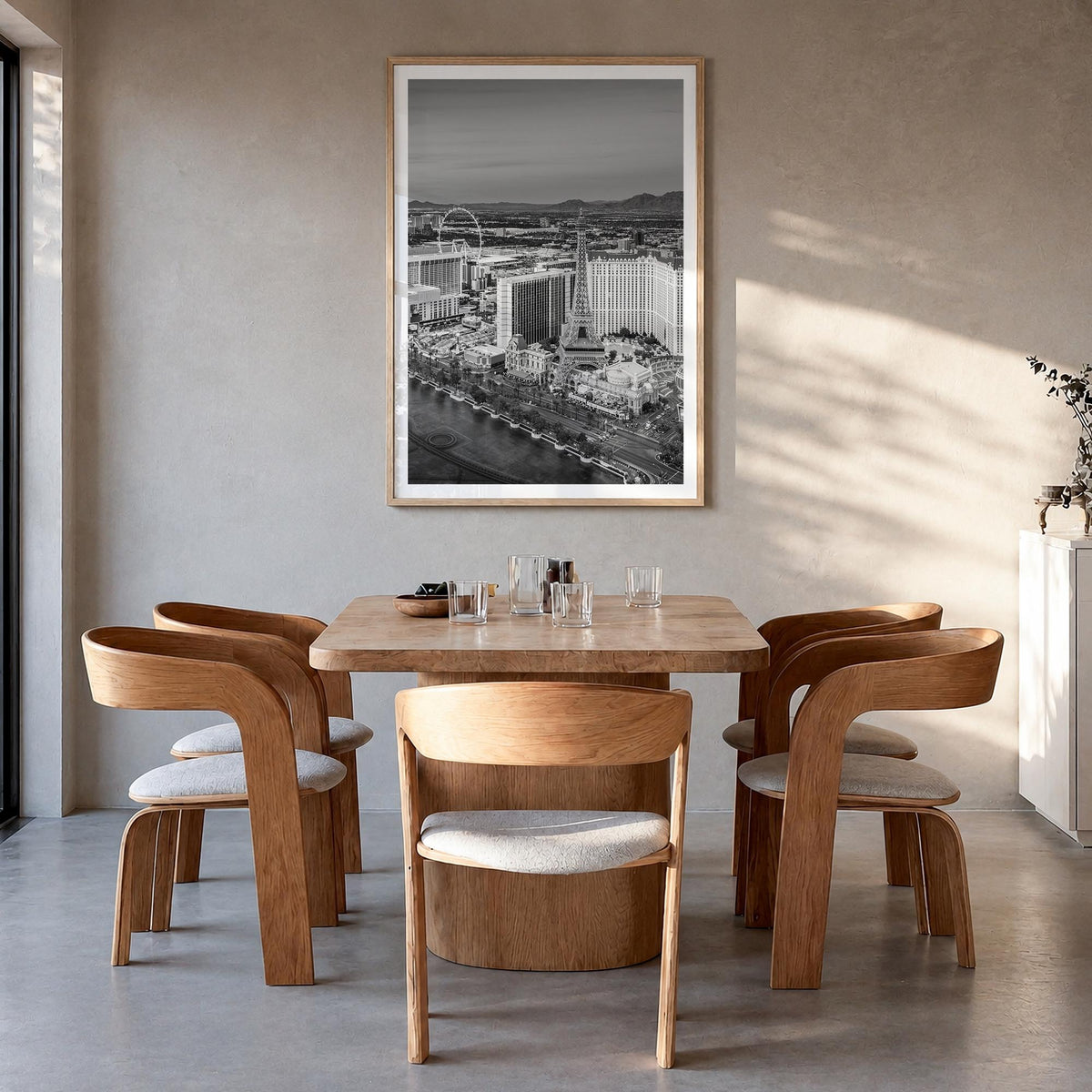 Las Vegas black & white photo poster of Nevada, USA – vertical wall art in natural wood frame with white border, hanging on w
