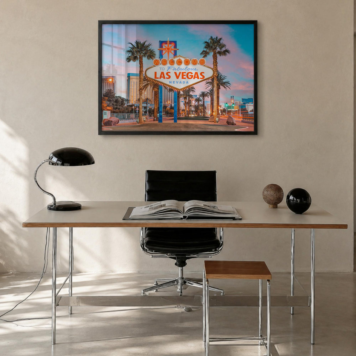 Las Vegas colorful photo poster of Nevada, USA – horizontal wall art in black wood frame, hanging on wall