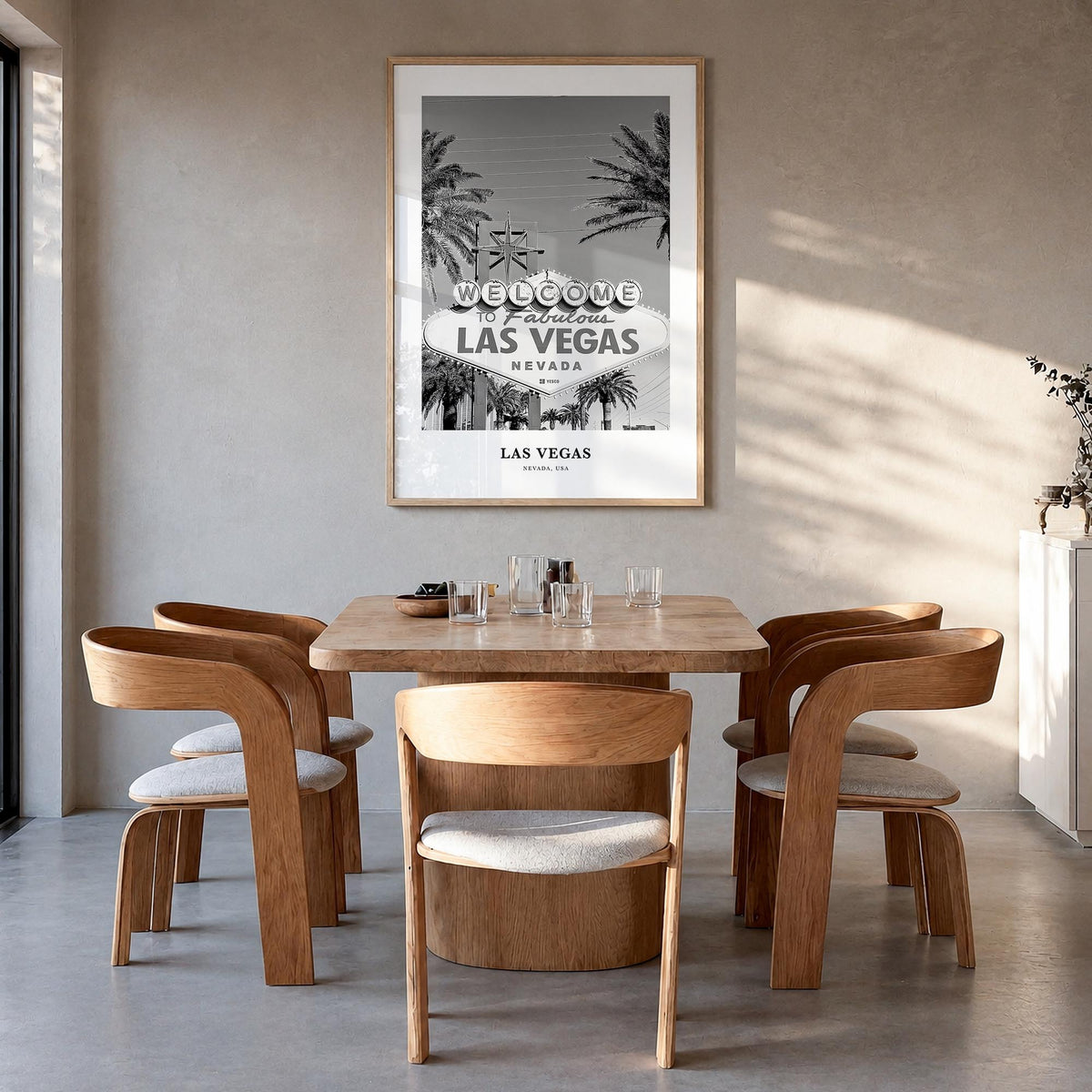 Las Vegas no. 1 black & white classic poster of Nevada, USA – vertical wall art in natural wood frame, hanging on wall