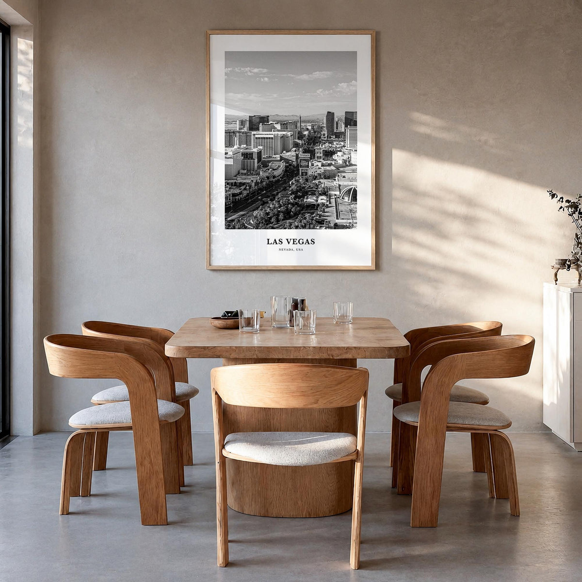 Las Vegas no. 2 black & white classic poster of Nevada, USA – vertical wall art in natural wood frame, hanging on wall