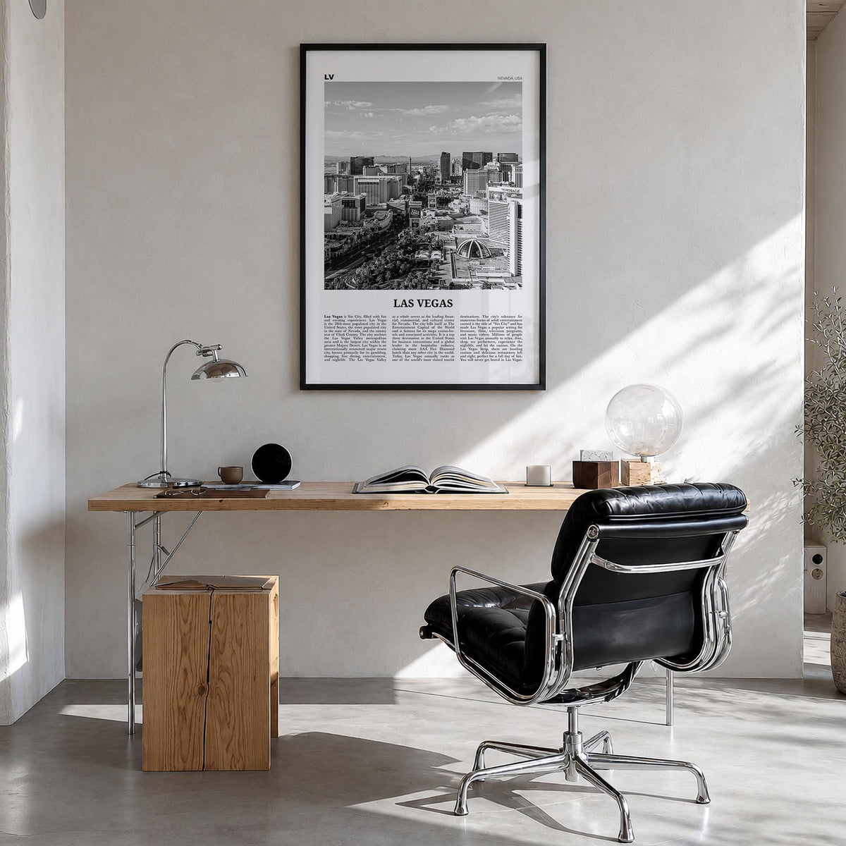Las Vegas no. 2 black & white newspaper poster of Nevada, USA – vertical wall art in black wood frame, hanging on wall