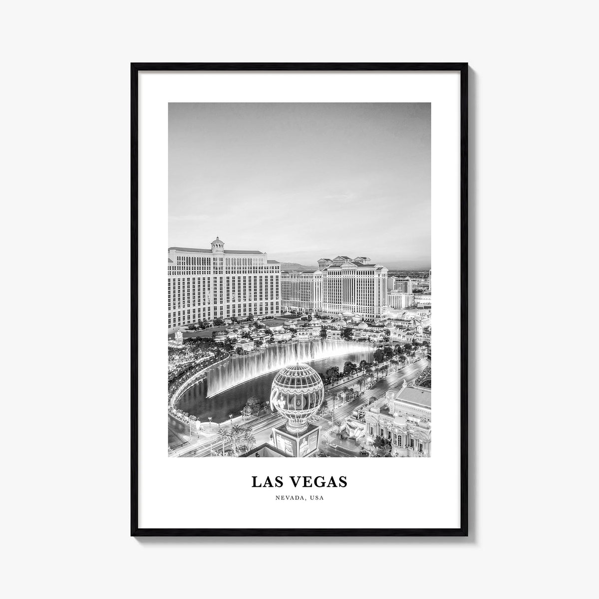 Las Vegas no. 4 black & white classic poster of Nevada, USA – vertical wall art, unframed print shown in interior mockup