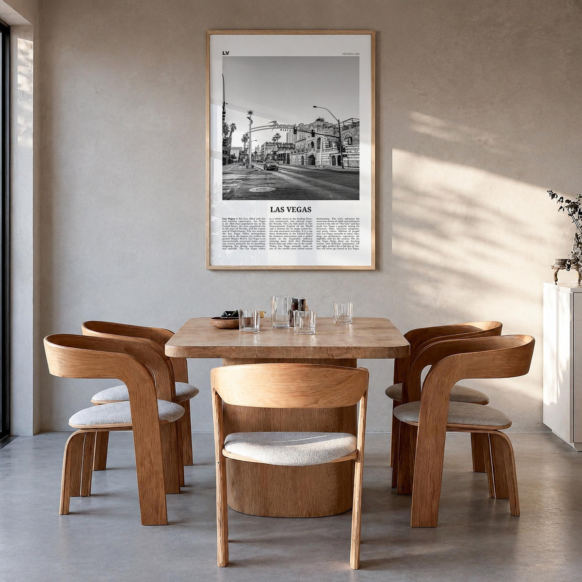 Las Vegas no. 4 black & white newspaper poster of Nevada, USA – vertical wall art in natural wood frame, hanging on wall