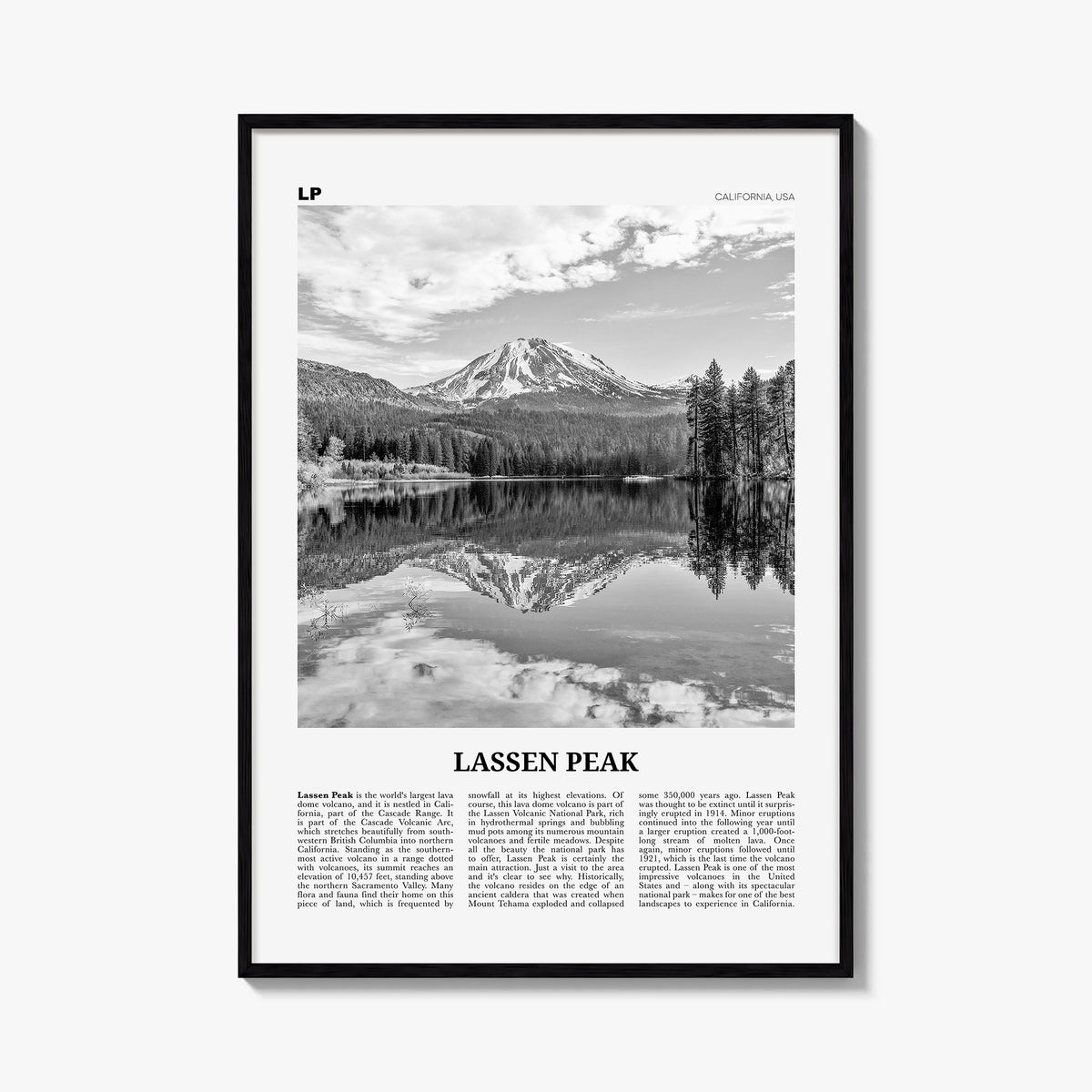 Lassen Peak black & white newspaper poster of California, USA – vertical wall art, unframed print shown in interior mockup