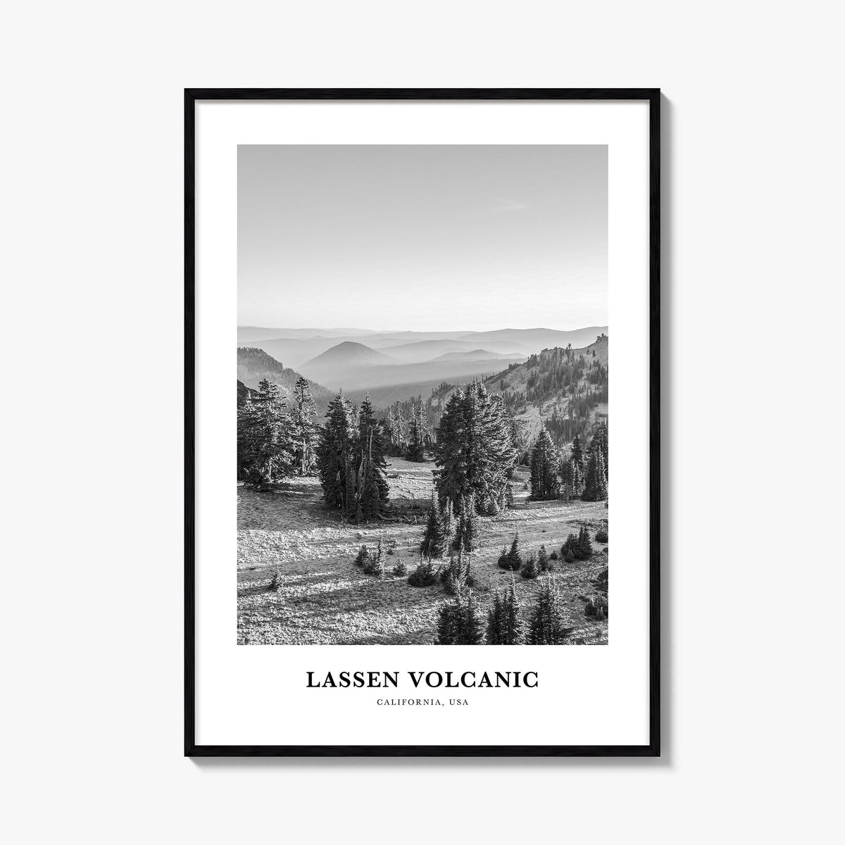 Lassen Volcanic National Park black & white classic poster of California, USA – vertical wall art, unframed print shown in in