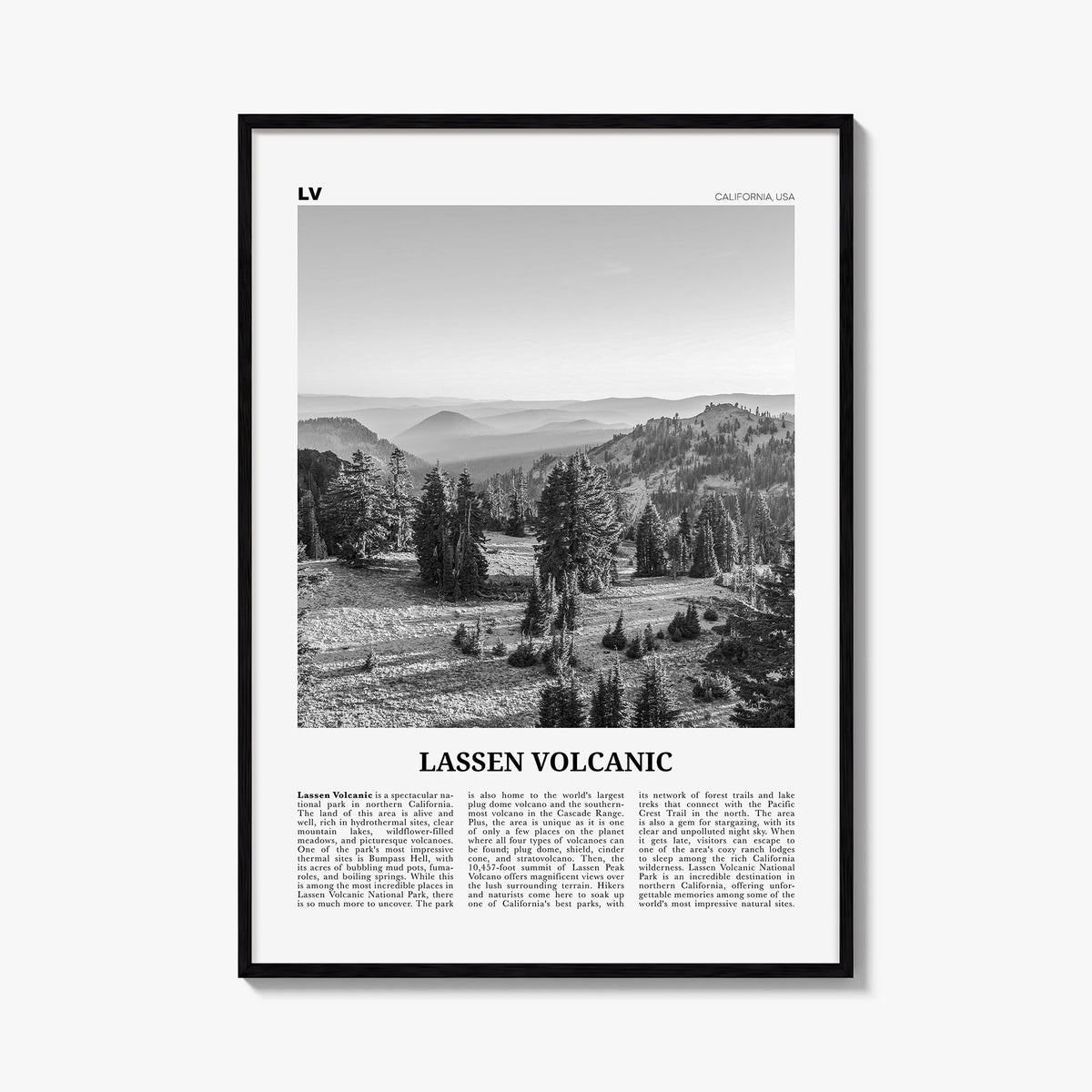 Lassen Volcanic National Park black & white newspaper poster of California, USA – vertical wall art, unframed print shown in