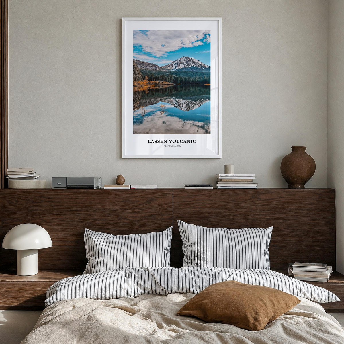 Lassen Volcanic National Park colorful classic poster of California, USA – vertical wall art in white wood frame, hanging on