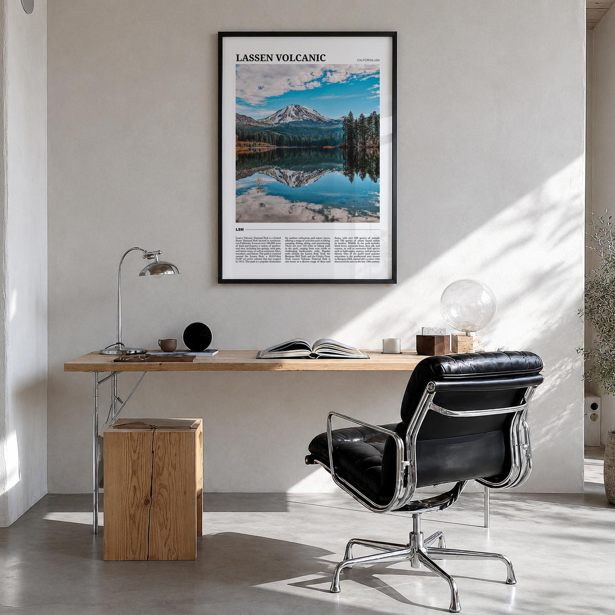 Lassen Volcanic National Park colorful travel poster of California, USA – vertical wall art in black wood frame, hanging on w