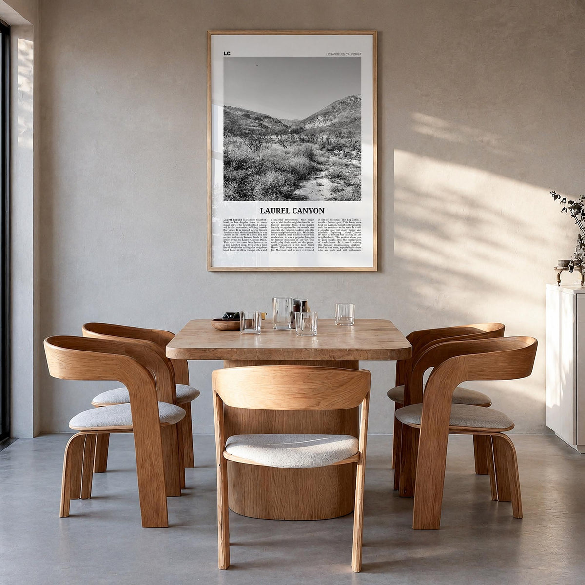 Laurel Canyon black & white newspaper poster of Los Angeles, California – vertical wall art in natural wood frame, hanging on