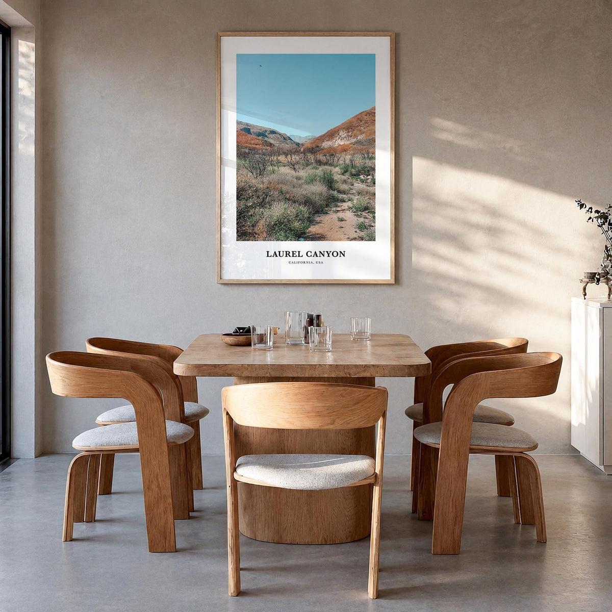 Laurel Canyon colorful classic poster of Los Angeles, California – vertical wall art in natural wood frame, hanging on wall