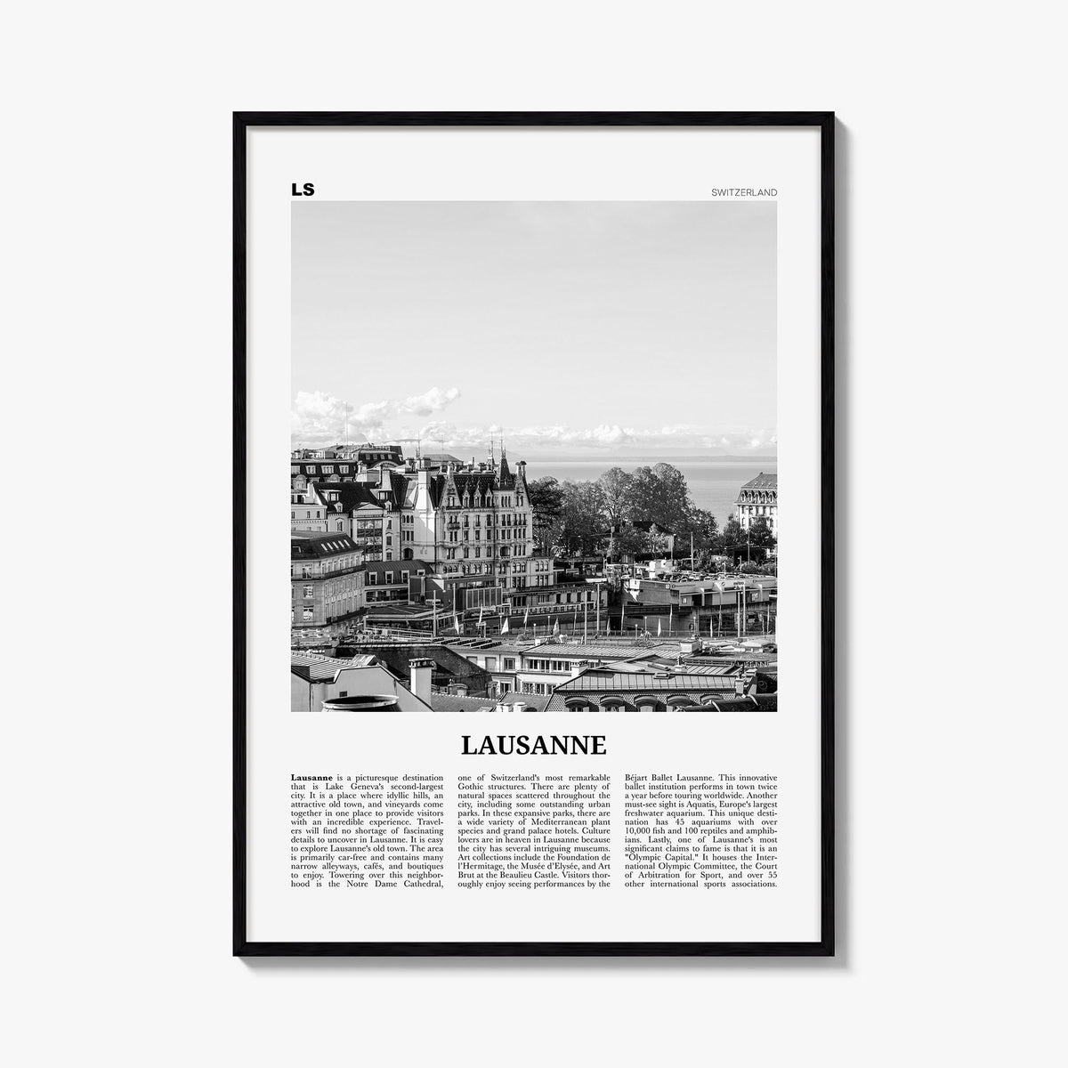 Lausanne black & white newspaper poster of Switzerland – vertical wall art, unframed print shown in interior mockup