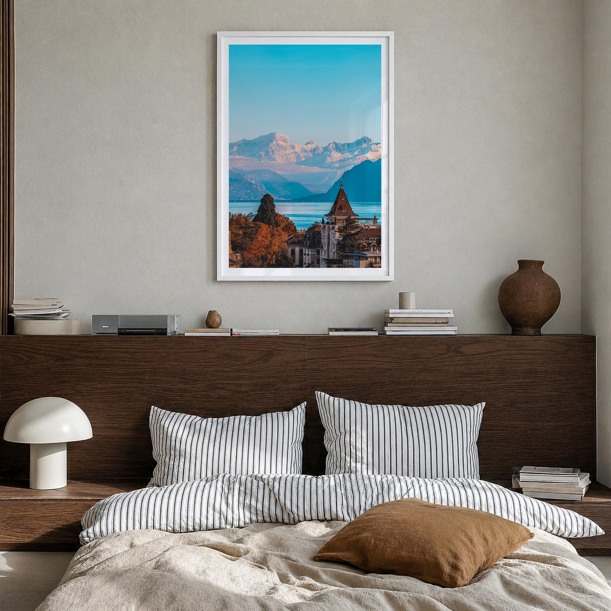 Lausanne colorful photo poster of Switzerland – vertical wall art in white wood frame with white border, hanging on wall