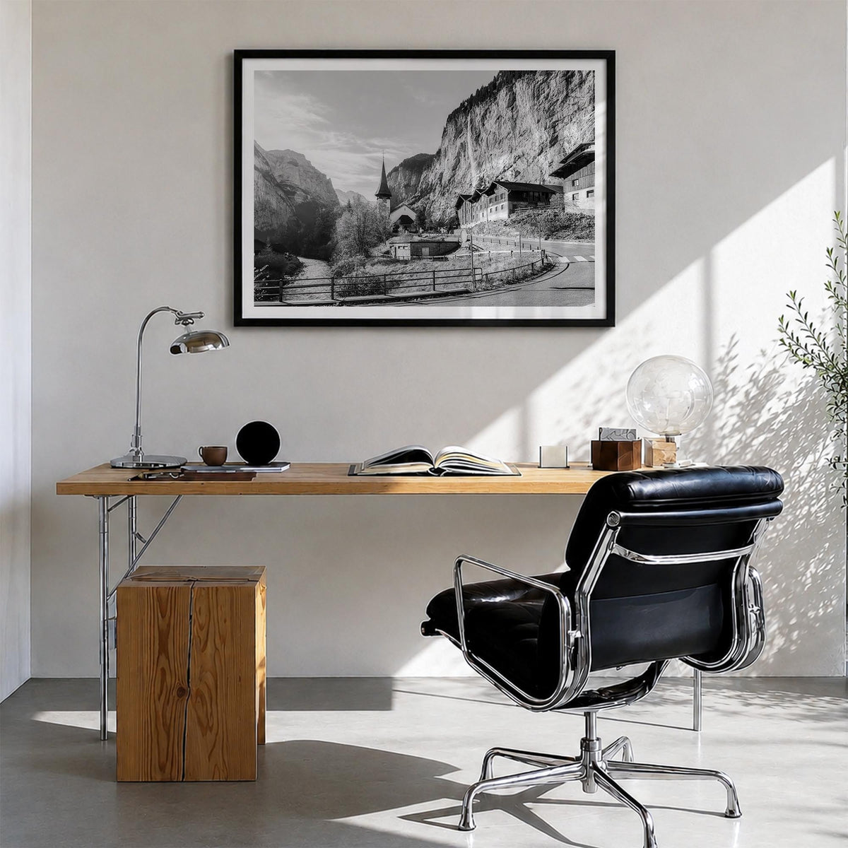 Lauterbrunnen black & white photo poster of Switzerland – horizontal wall art in black wood frame with white border, hanging