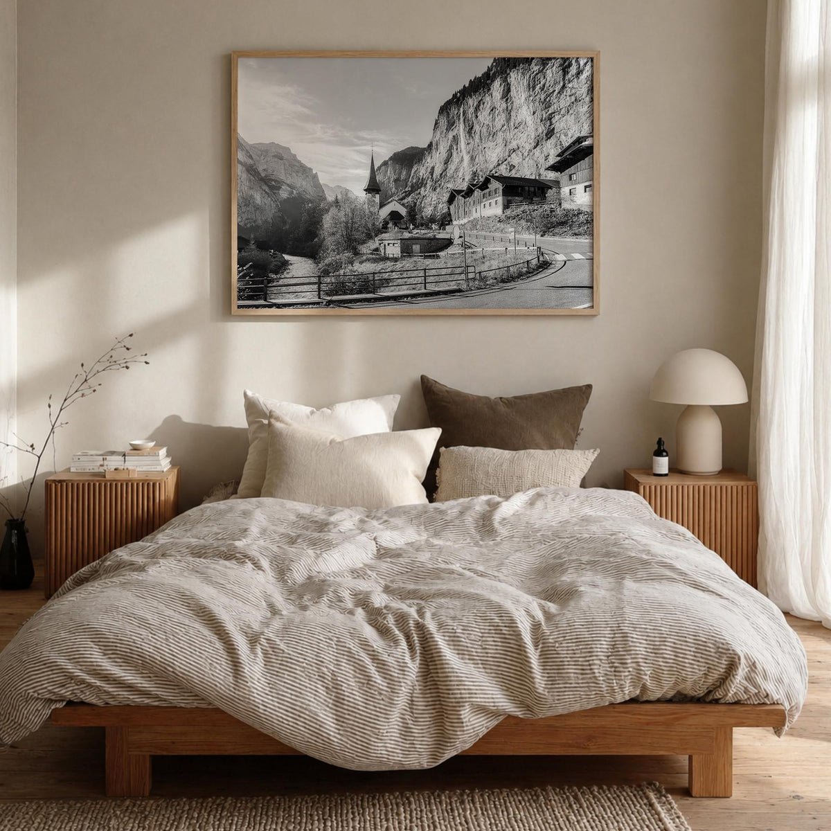 Lauterbrunnen black & white photo poster of Switzerland – horizontal wall art in natural wood frame, hanging on wall
