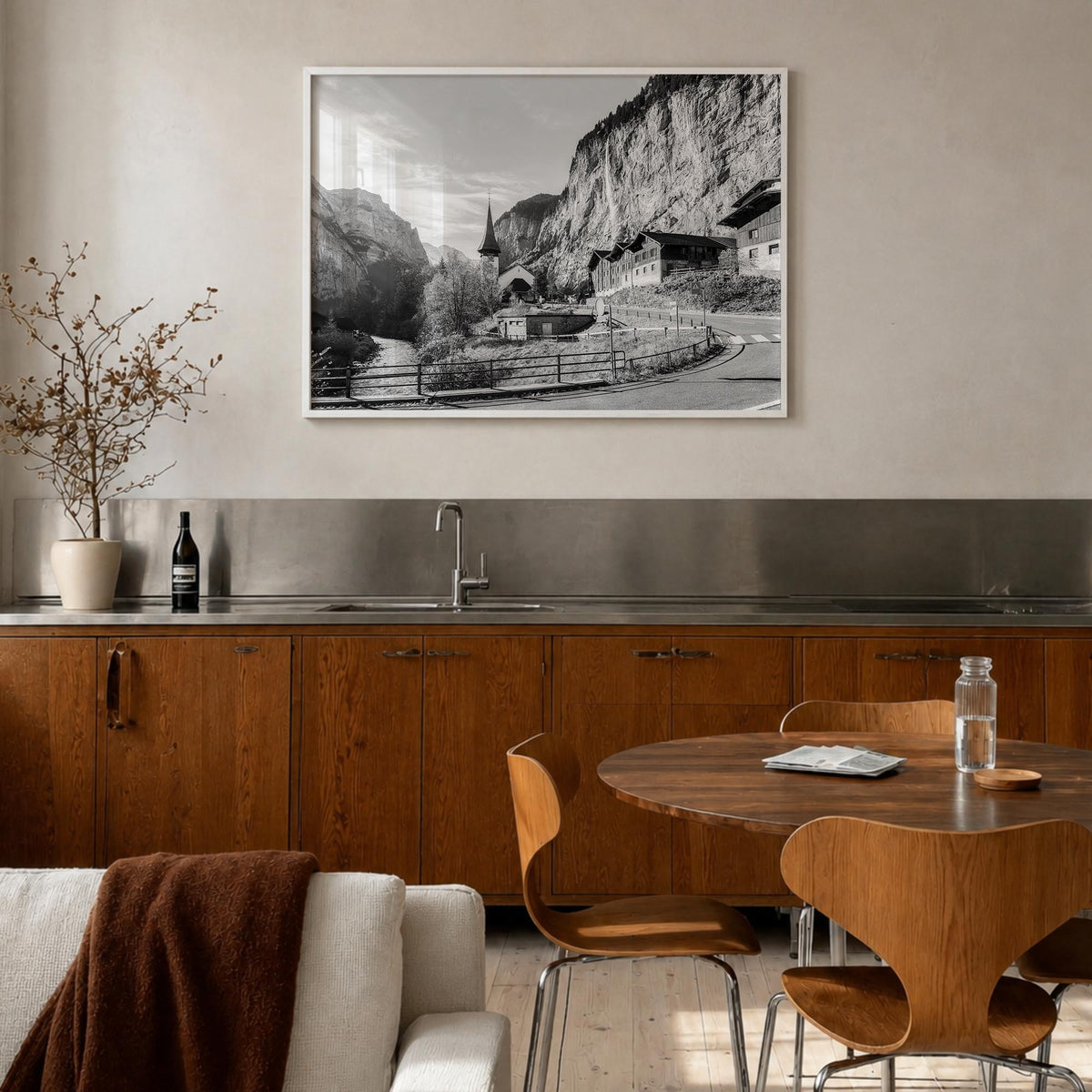 Lauterbrunnen black & white photo poster of Switzerland – horizontal wall art in white wood frame, hanging on wall