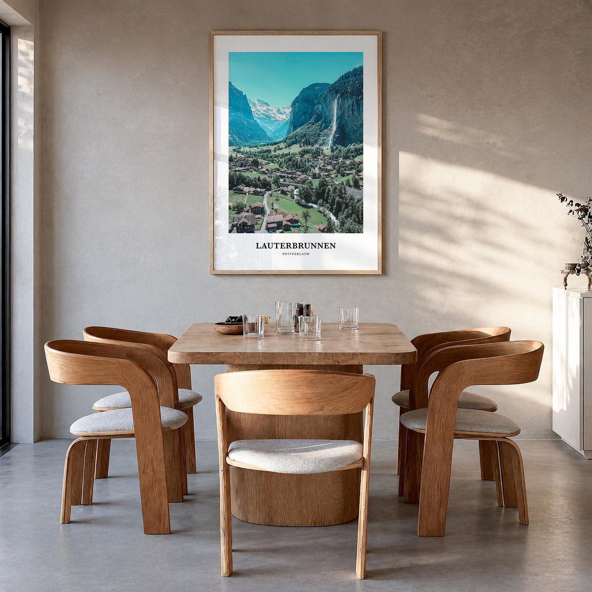 Lauterbrunnen colorful classic poster of Switzerland – vertical wall art in natural wood frame, hanging on wall