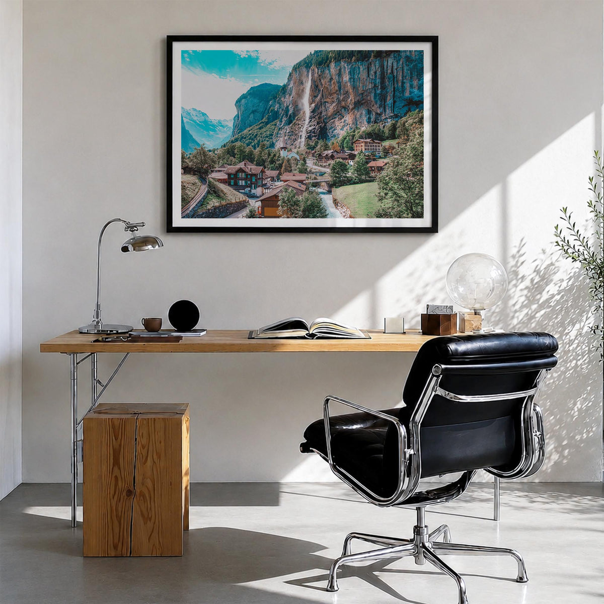 Lauterbrunnen colorful photo poster of Switzerland – horizontal wall art in black wood frame with white border, hanging on wa