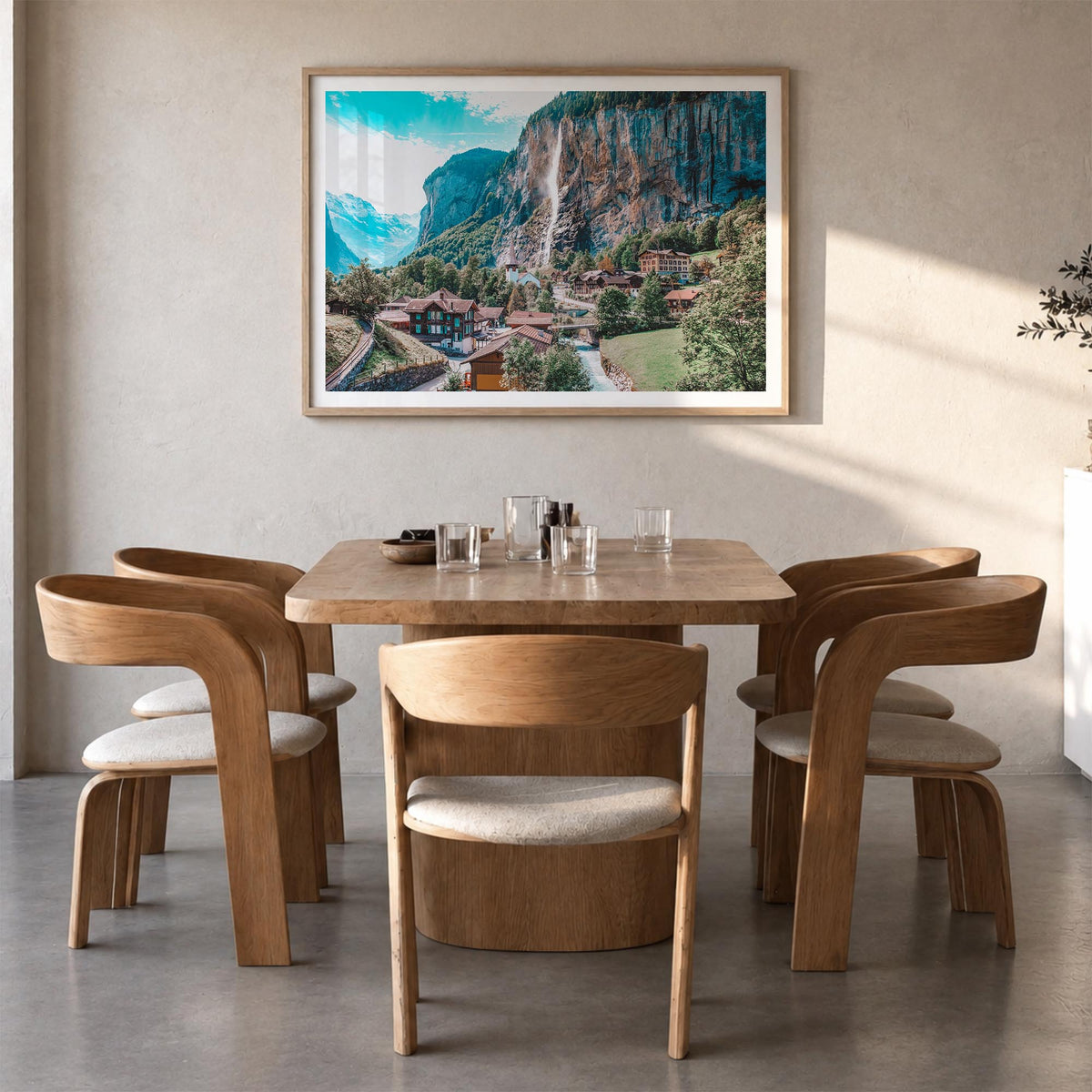Lauterbrunnen colorful photo poster of Switzerland – horizontal wall art in natural wood frame with white border, hanging on