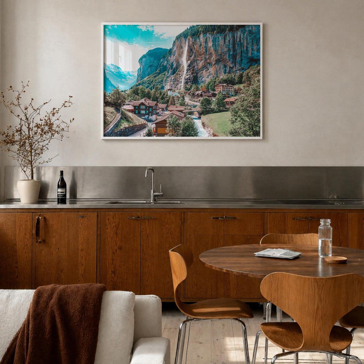 Lauterbrunnen colorful photo poster of Switzerland – horizontal wall art in white wood frame, hanging on wall