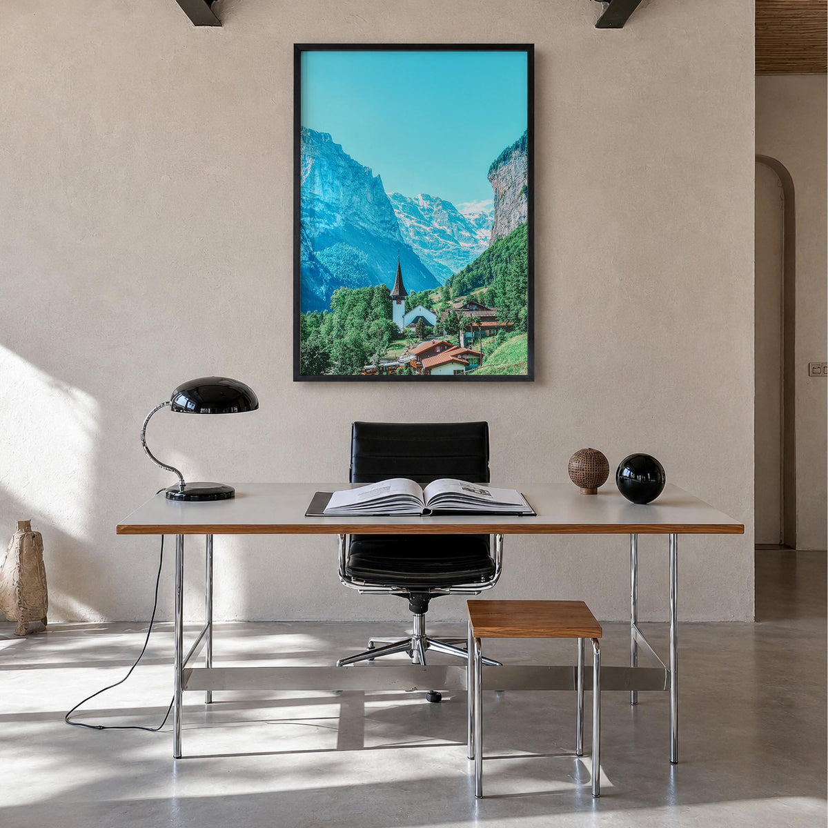 Lauterbrunnen no. 2 colorful photo poster of Switzerland – vertical wall art in black wood frame, hanging on wall
