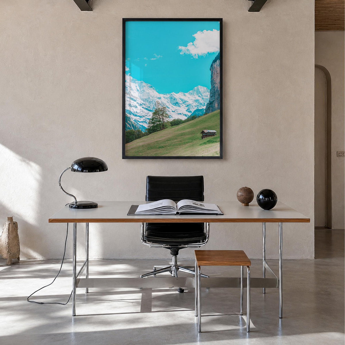 Lauterbrunnen no. 3 colorful photo poster of Switzerland – vertical wall art in black wood frame, hanging on wall