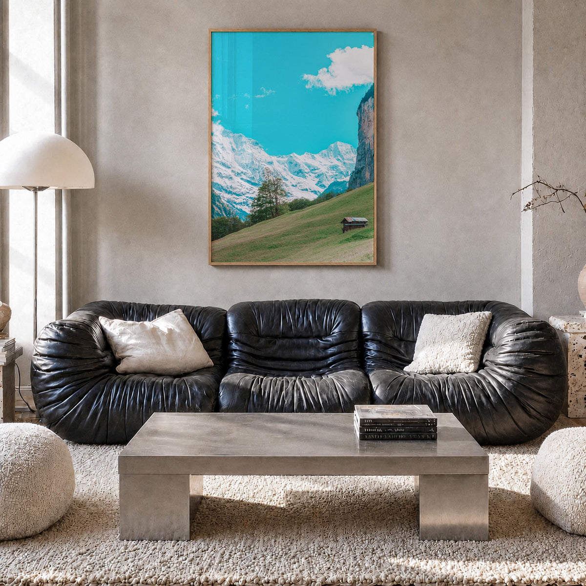 Lauterbrunnen no. 3 colorful photo poster of Switzerland – vertical wall art in natural wood frame, hanging on wall