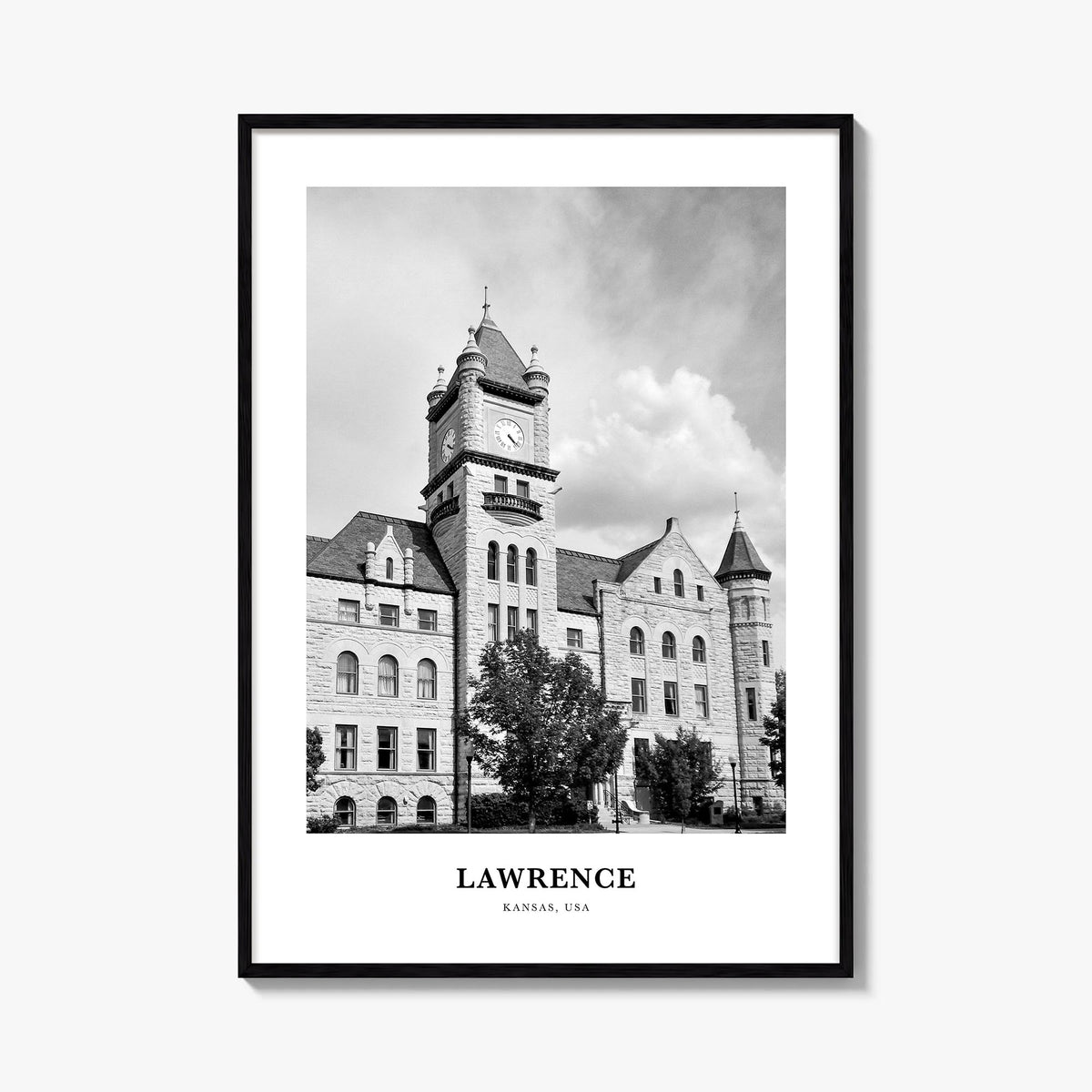 Lawrence, Kansas black & white classic poster of Kansas, USA – vertical wall art, unframed print shown in interior mockup