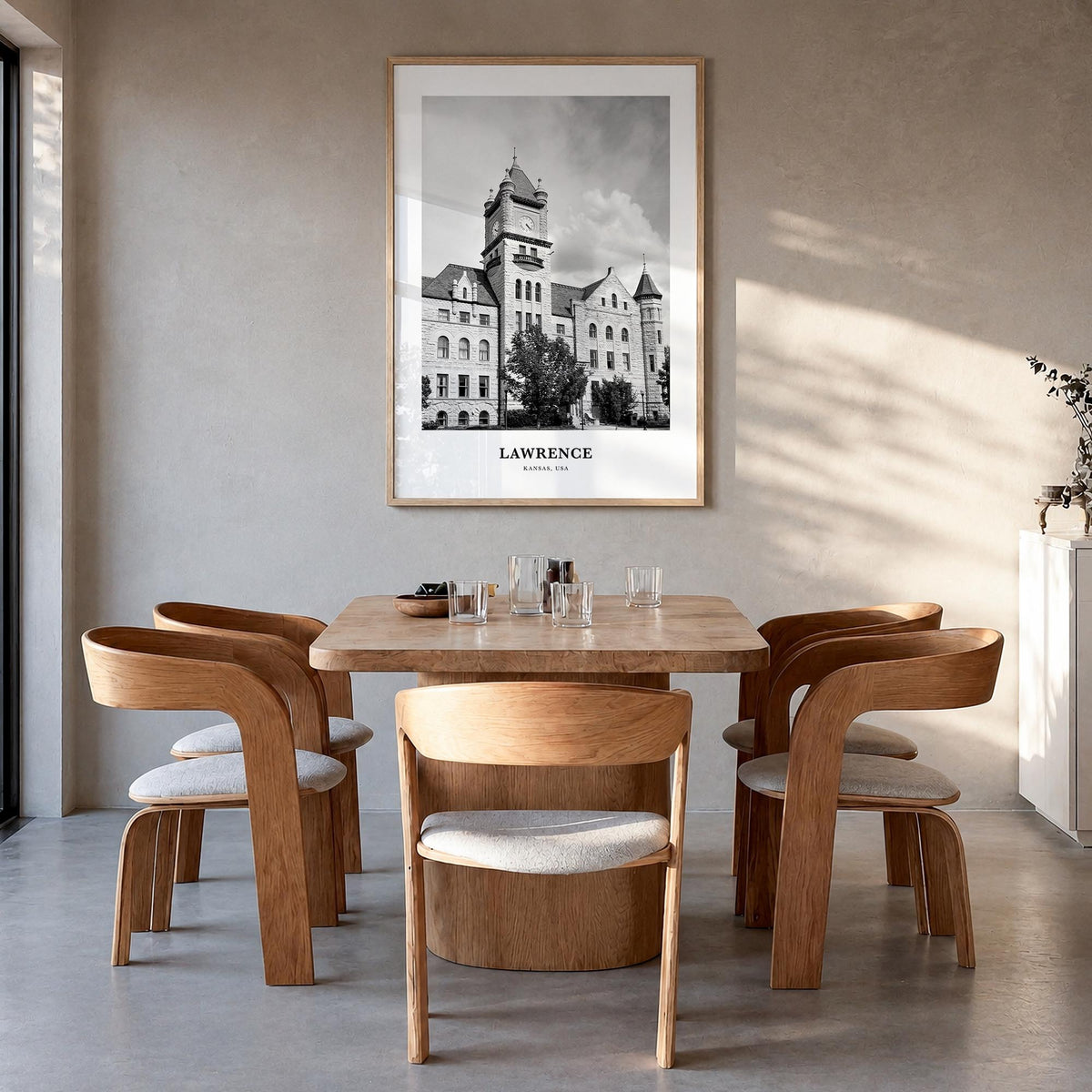 Lawrence, Kansas black & white classic poster of Kansas, USA – vertical wall art in natural wood frame, hanging on wall