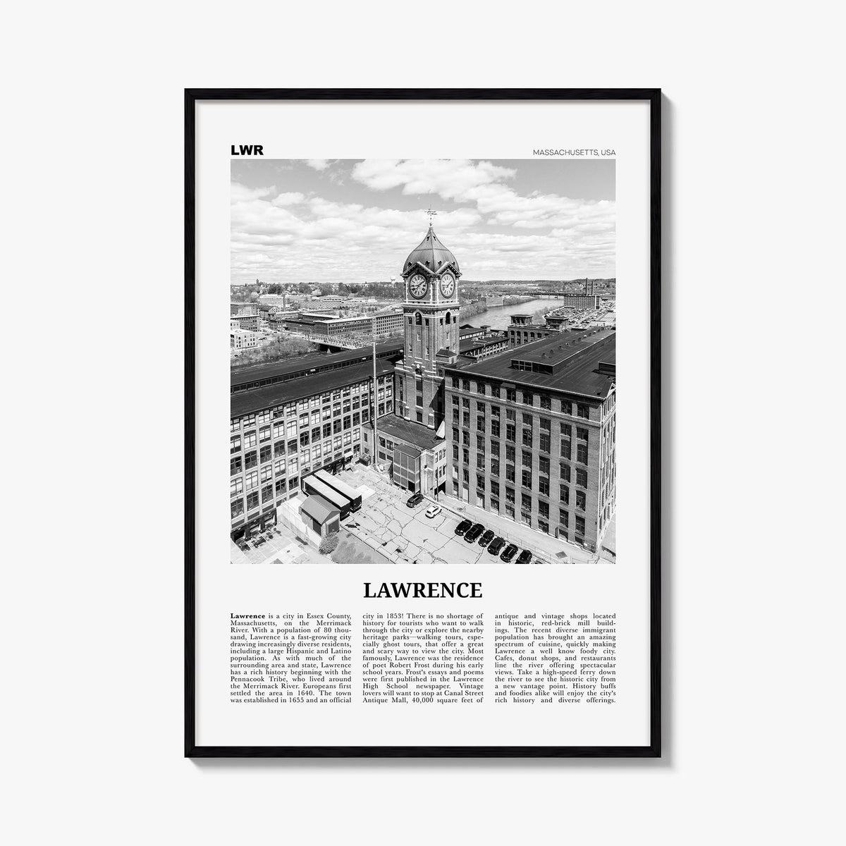 Lawrence, Massachusetts black & white newspaper poster of Massachusetts, USA – vertical wall art, unframed print shown in int