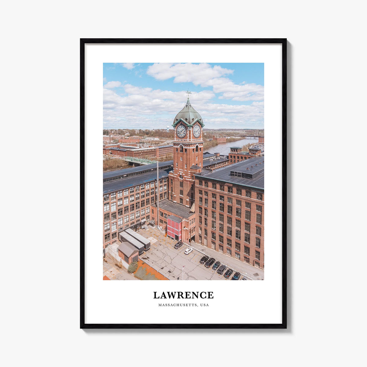 Lawrence, Massachusetts colorful classic poster of Massachusetts, USA – vertical wall art, unframed print shown in interior m