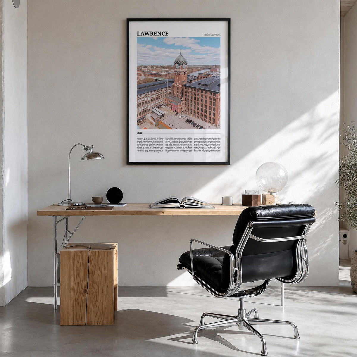 Lawrence, Massachusetts colorful travel poster of Massachusetts, USA – vertical wall art in black wood frame, hanging on wall