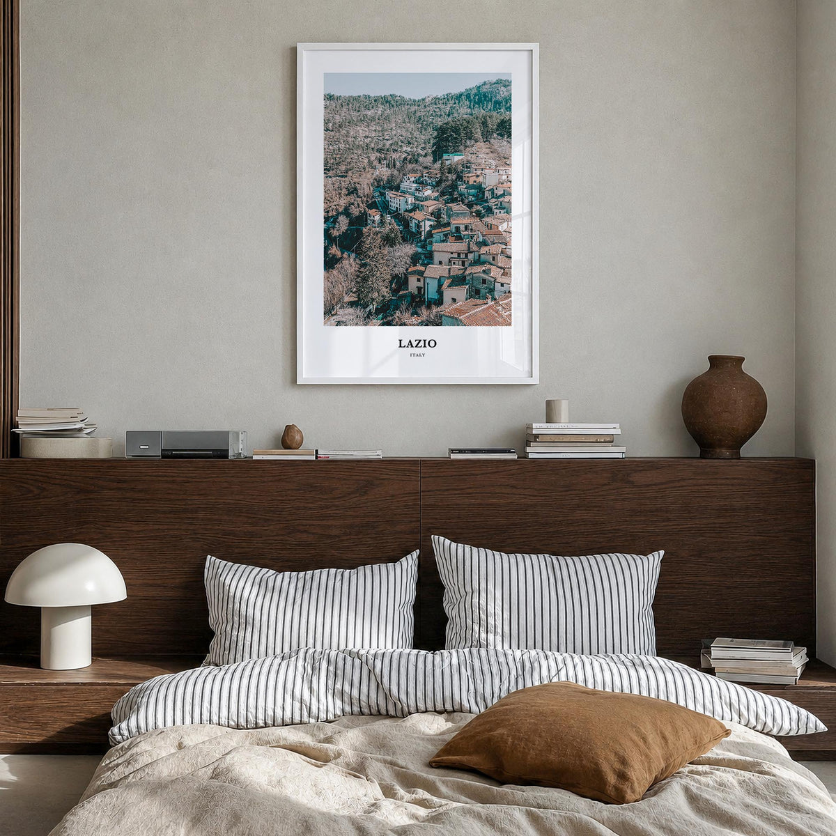 Lazio colorful classic poster of Italy – vertical wall art in white wood frame, hanging on wall