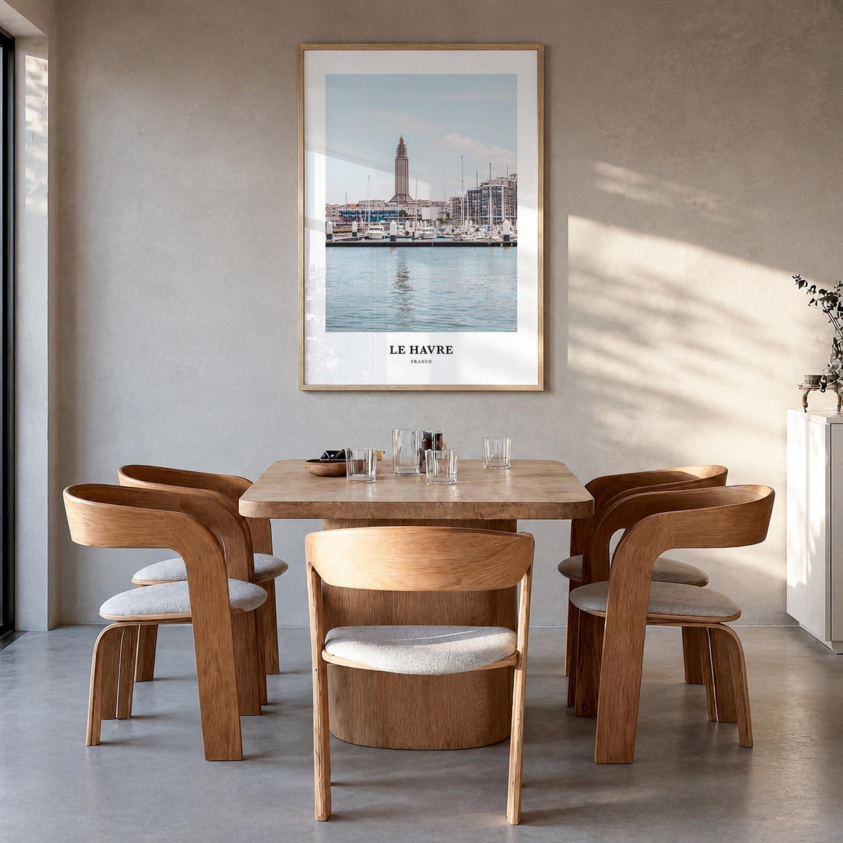 Le Havre colorful classic poster of France – vertical wall art in natural wood frame, hanging on wall