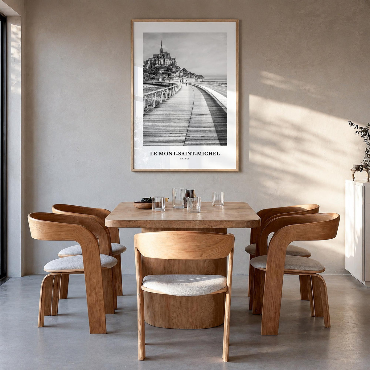 Le Mont-Saint-Michel black & white classic poster of France – vertical wall art in natural wood frame, hanging on wall
