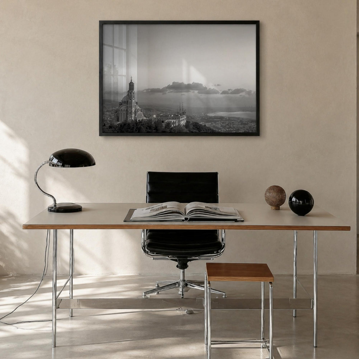 Lebanon black & white photo poster of Asia – horizontal wall art in black wood frame, hanging on wall