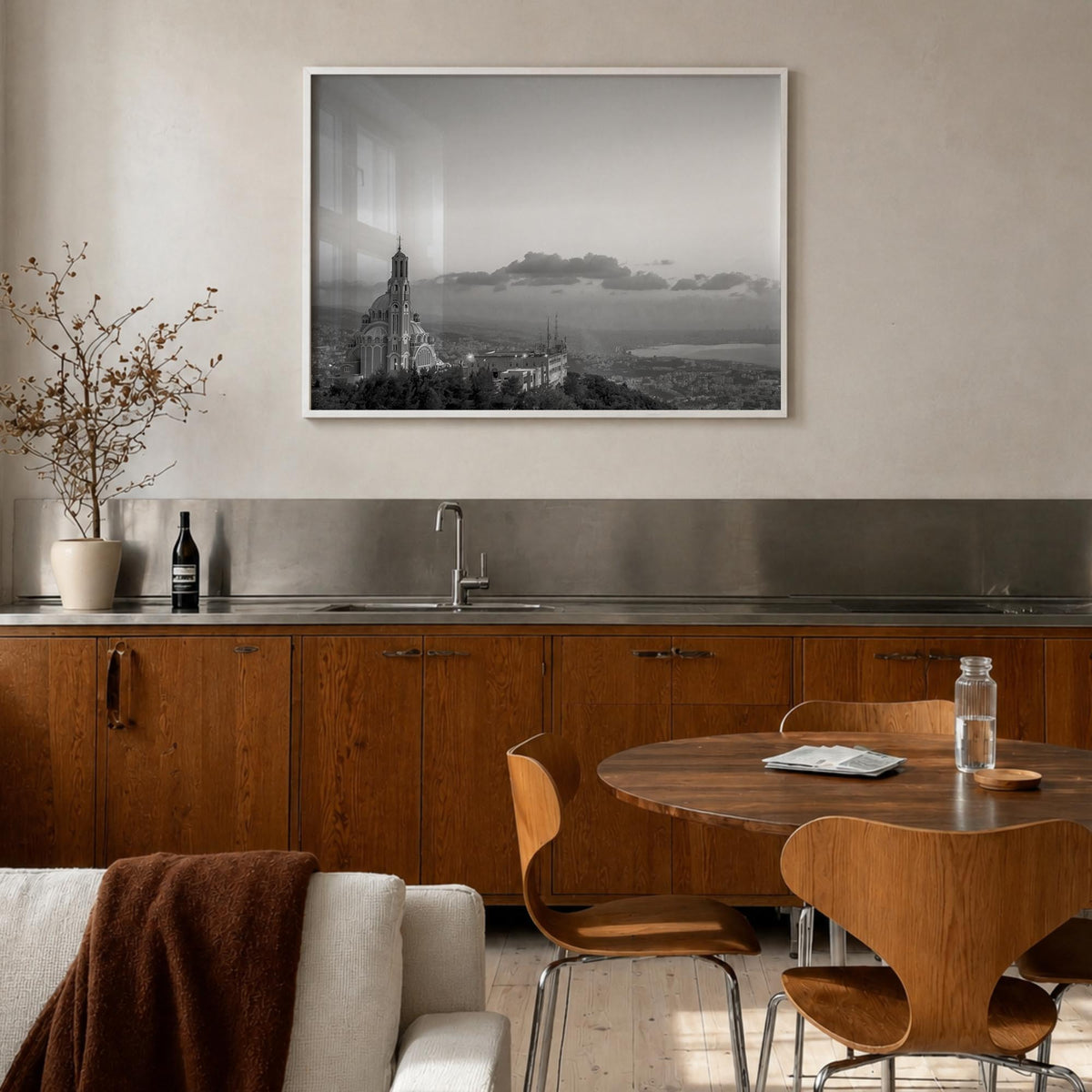 Lebanon black & white photo poster of Asia – horizontal wall art in white wood frame, hanging on wall