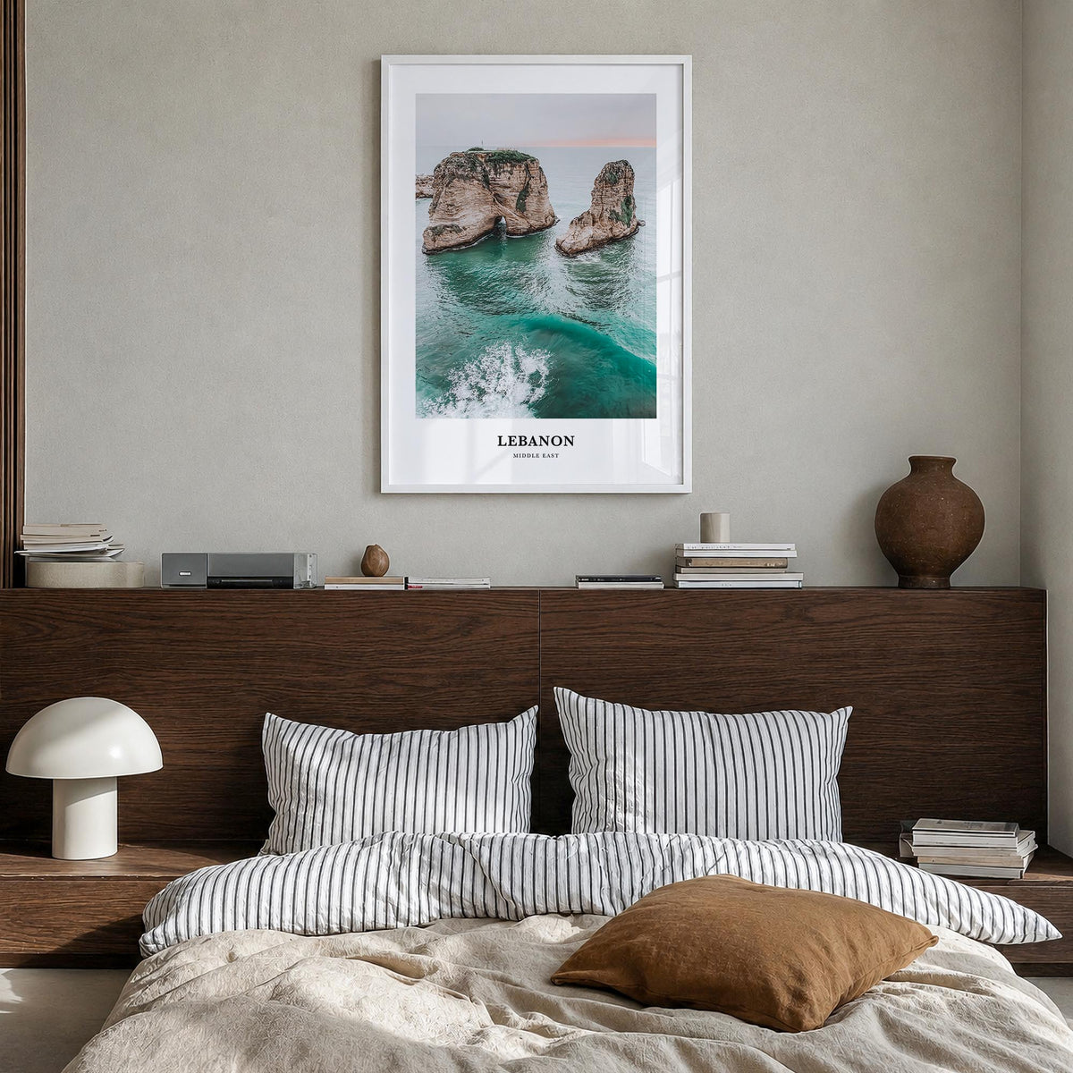 Lebanon colorful classic poster of Asia – vertical wall art in white wood frame, hanging on wall