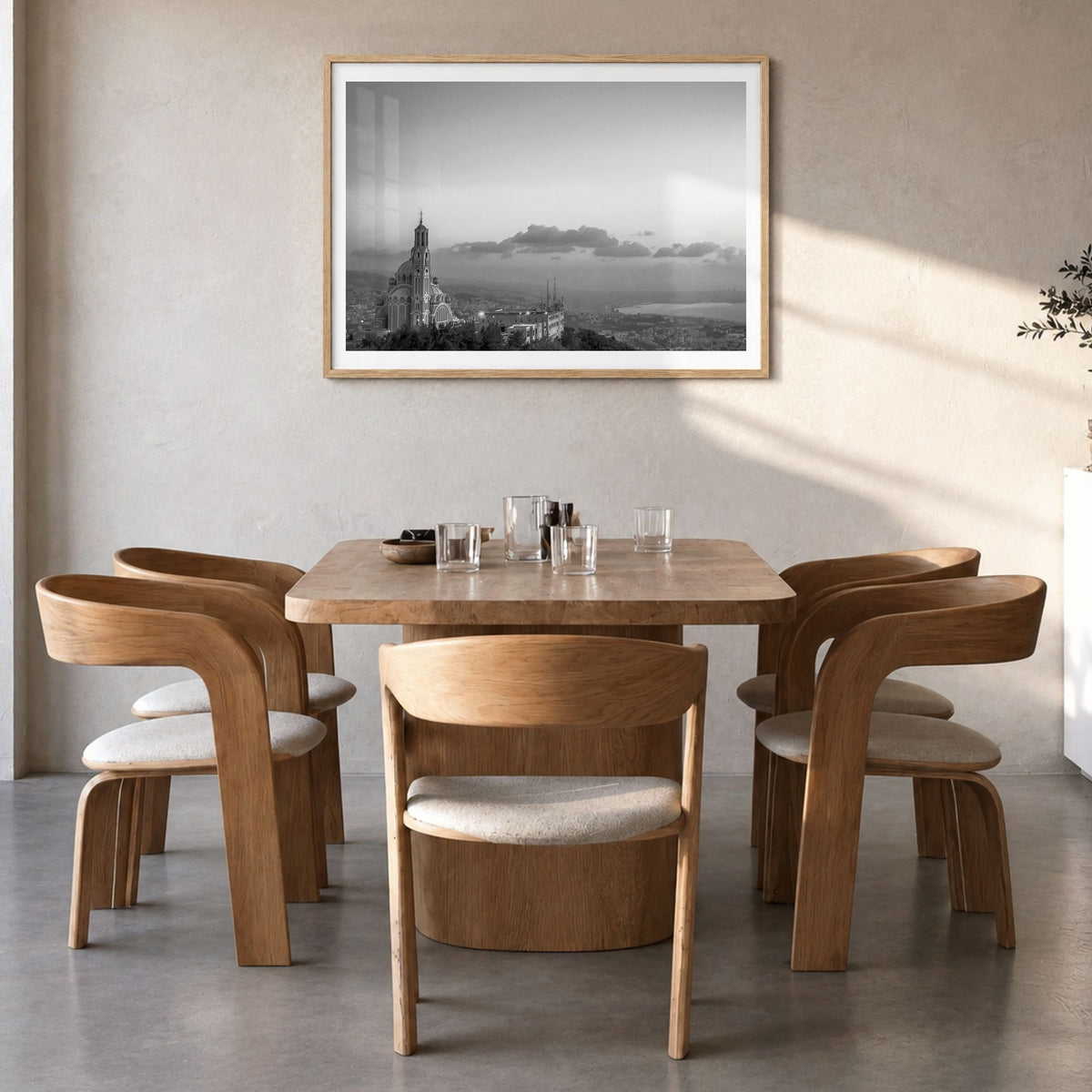 Lebanon Photo Poster in a natural wood frame, hanging in a dining room, white border