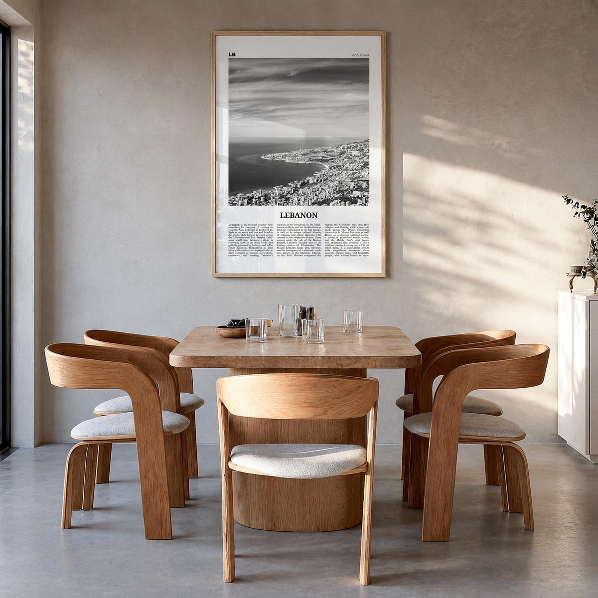Lebanon no. 1 black & white newspaper poster of Asia – vertical wall art in natural wood frame, hanging on wall