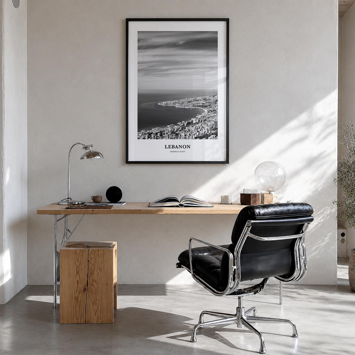 Lebanon no. 3 black & white classic poster of Asia – vertical wall art in black wood frame, hanging on wall